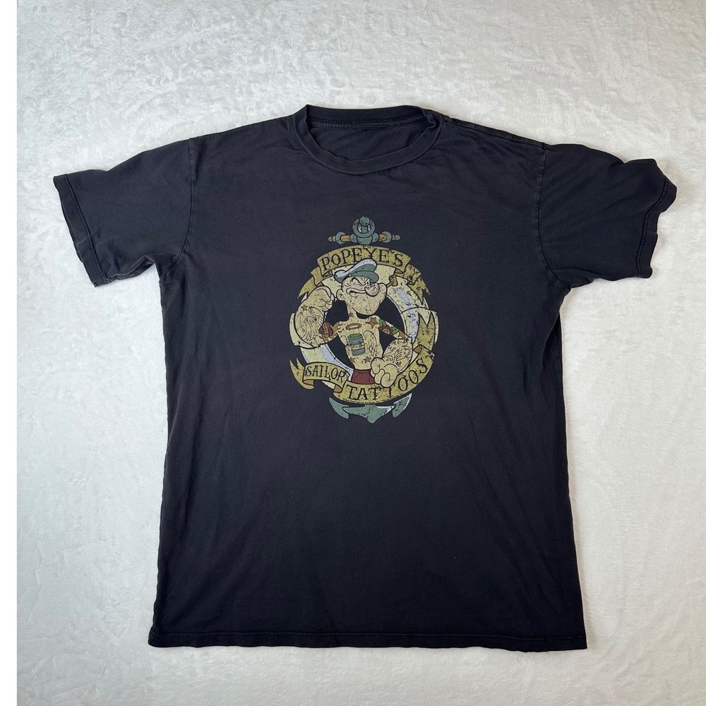Vintage Popeye Sailor Tattoos Graphic T-Shirt Black Distressed Crew Neck L